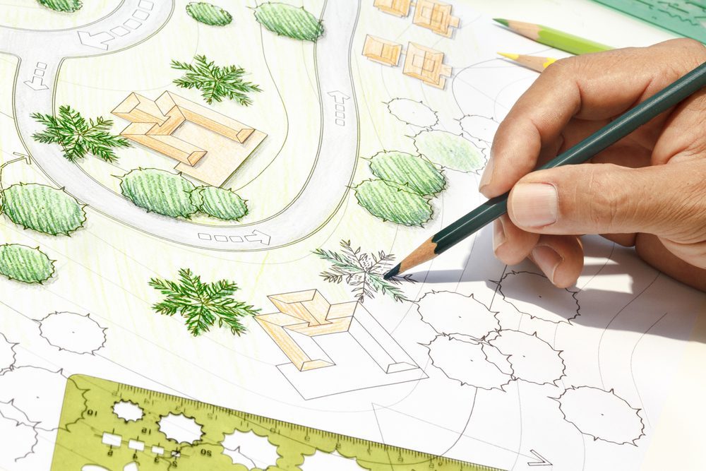 Landscape plan for a commercial property. Determining where shrubs and trees will be planted.